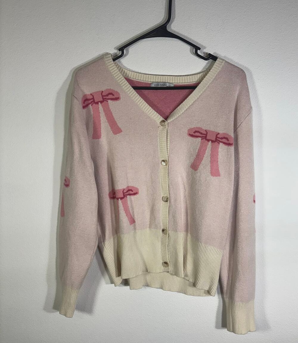 Miss Sparkling Womens Pink Bow Cardigan Sweater Cream Coquette Button Front
